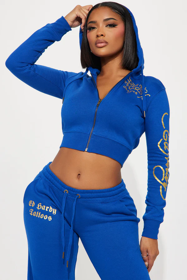 Tiger Lotus Ed Hardy Zip Front Hoodie - CobaltBlue