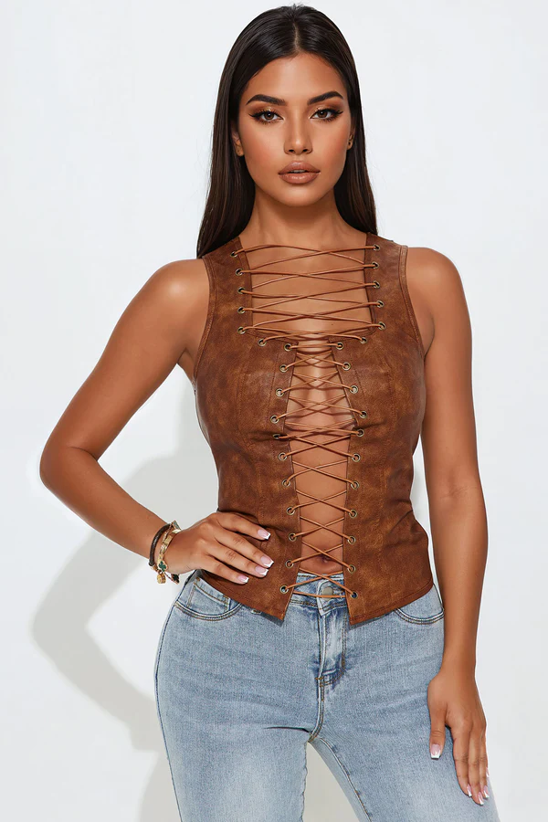 Perfect Affair Faux Leather Top - Brown