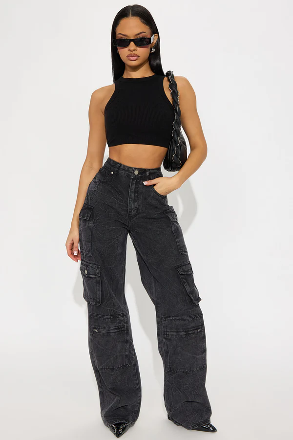 Mad For You Cargo Jeans - Acid Wash Black