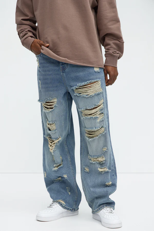 Jefferey Distressed Baggy Jeans - Medium Blue Wash