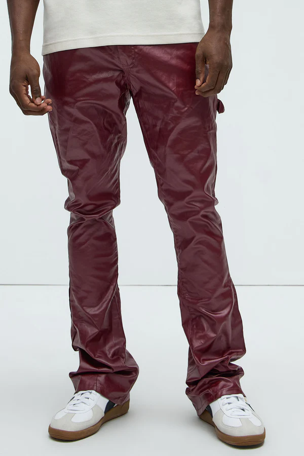 Keep It Solid Faux Leather Stacked Skinny Flare Pants - Red