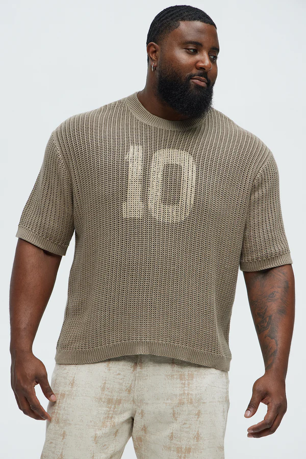 Printed Textured Knit Short Sleeve Tee - Brown