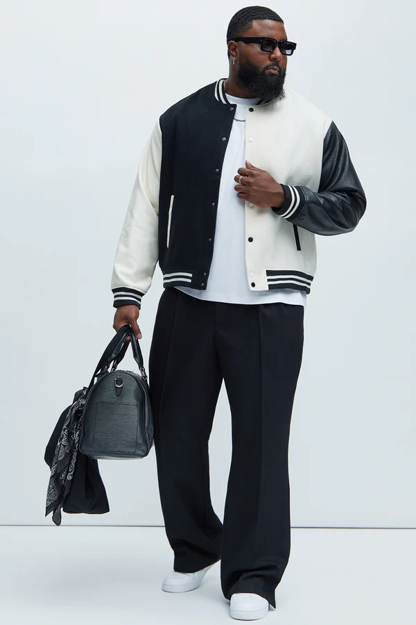 For The Books Faux Leather Sleeves Colorblock Varsity Jacket - Black/combo