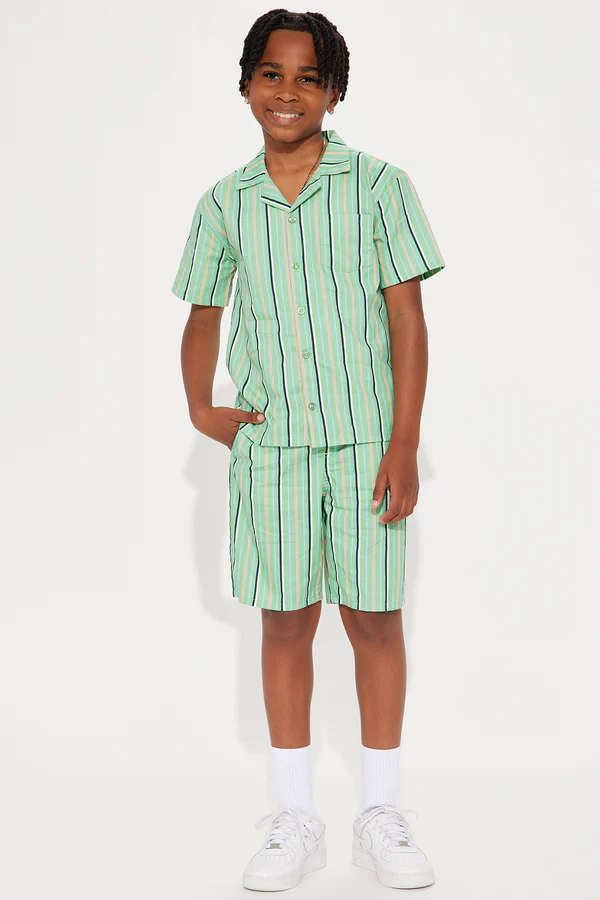 Mini Elliot Striped Woven Short Set - Green