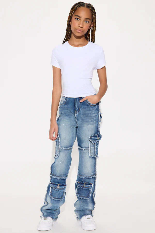 Mini Pauline Frayed Cargo Jeans - Dark Wash