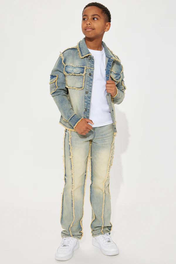 Mini Nazca Frayed Stacked Slim Flare Jeans - Light Blue Wash