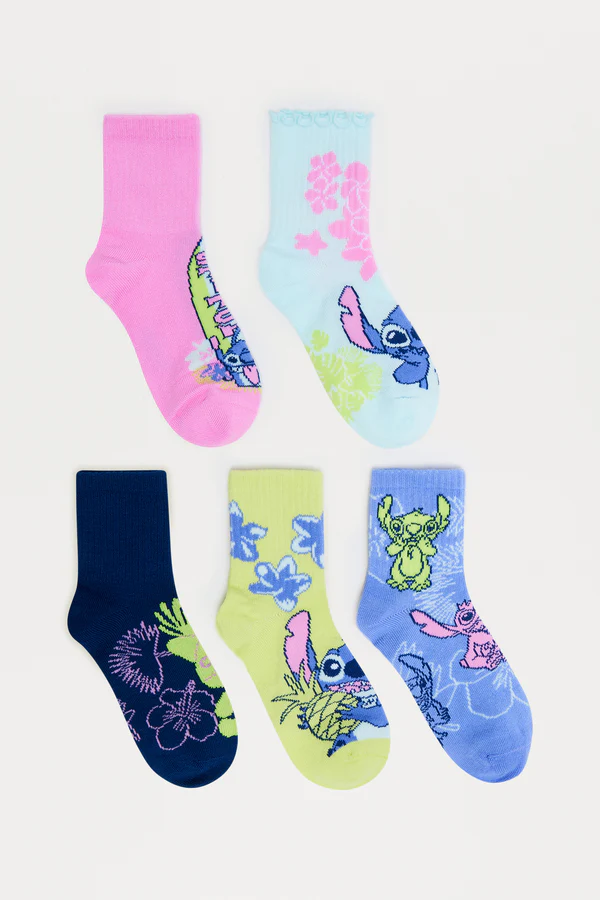 Mini Stitch Lettuce Edge Mid Crew Socks 5 Pack - Blue/combo