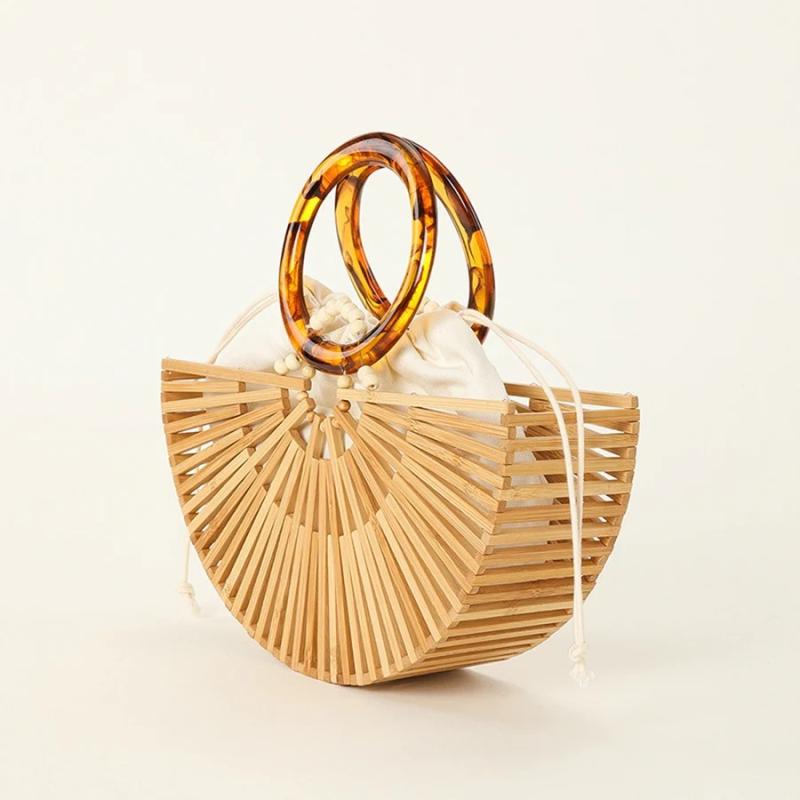 Vintage Half Round Bamboo Beach Handbags Women Summer Hollow Out Round Acrylic Handle Woven Straw Bags High Quality Holiday