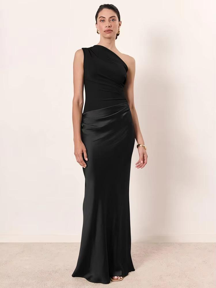 Mozision Satin Inclined Shoulder Sexy Maxi Dress Women Fashion Patchwork Sleeveless Backless Bodycon Evening Club Party Dress