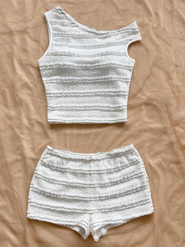 Soleia Women's 2 Pieces Vacation Set: Red & White Striped Knit Bardot Top And Super Low-Rise Bodycon Shorts