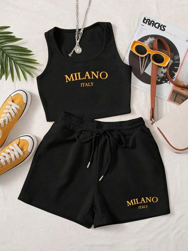 EZwear 2pcs/Set Women Leopard Print & New York Graphic Slim Fit Camisole Top And Drawstring Shorts Summer Casual Set