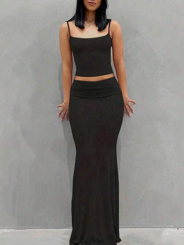 INAWLY Women's Summer Elegant Solid Color Slim-Fit Camisole Top & Fish Tail Skirt Set