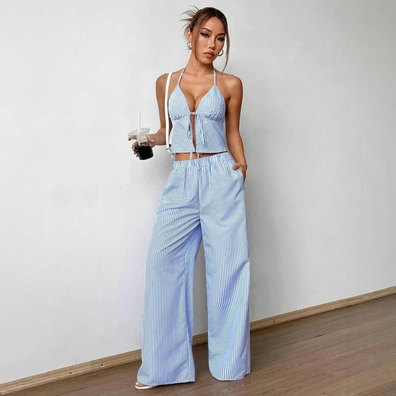 Women's Striped Vest and Elastic Straight Leg Pants Casual Two-piece Set for Summer