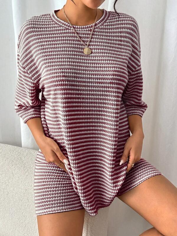 Frenchy 2pcs/Set Women Striped Contrast Color Textured Round Neck Top And Shorts