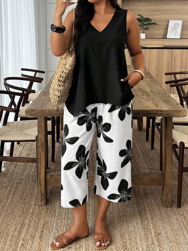 Casual Vacation Style Sleeveless Plus Size 2 Pieces Set With Floral Patchwork