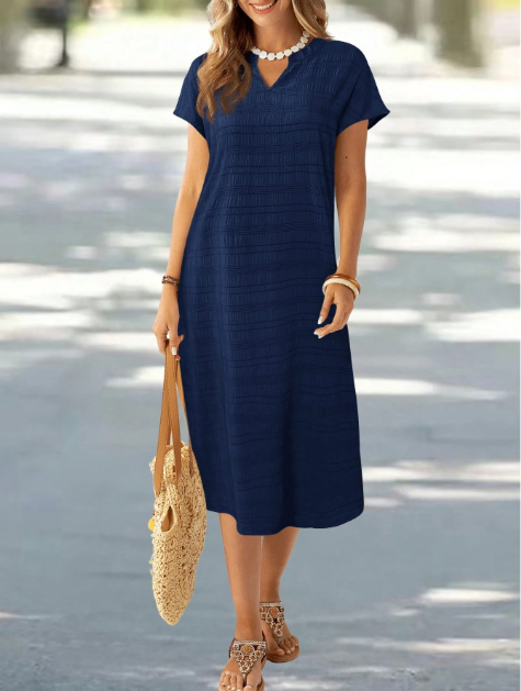 Women Striped V-Neck Short Sleeve Straight Casual Mid-Length Dress