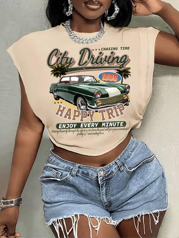 Vintage Car & Letter Graphic Round Neck Short Sleeve Cropped Fitted T-Shirt For Women