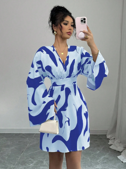 Shirred Long Sleeve Ruched Back Floral Print Elegant Casual Vacation Mini Women Dress
