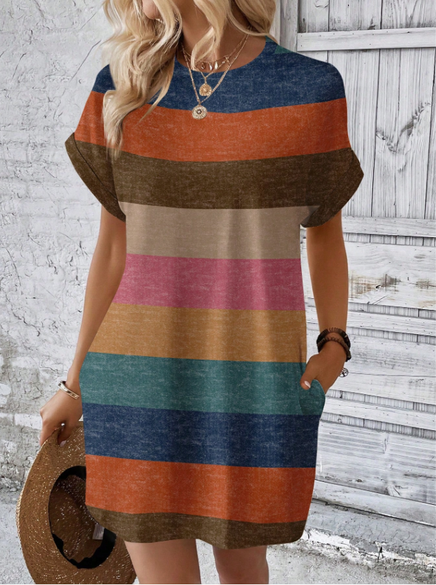 asual Striped Pattern Round Neck Short Sleeve Cropped Women Mini Dress