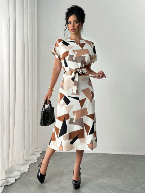 Casual Elegant Midi Dress, Round Neck, Short Sleeves, Asymmetrical Color Block Print, For Women, Spring & Summer Maxi Women Outfit