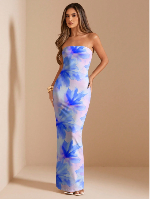 Casual Floral Pattern Bustier Style Fitted Dress, Suitable For Summer