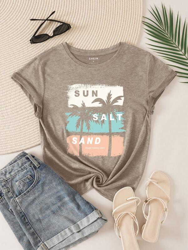 Women's Summer Palm Tree & Letter Print Crew Neck Short Sleeve Casual T-Shirt SUN SALT SAND SEASIDE PARADISE HAWAII Graphic Tees Women Tops