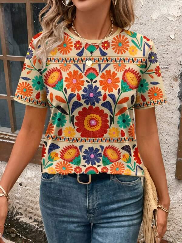 Casual Simplistic Floral Round Neck Loose Fit Women T-Shirt Suitable For Going Out