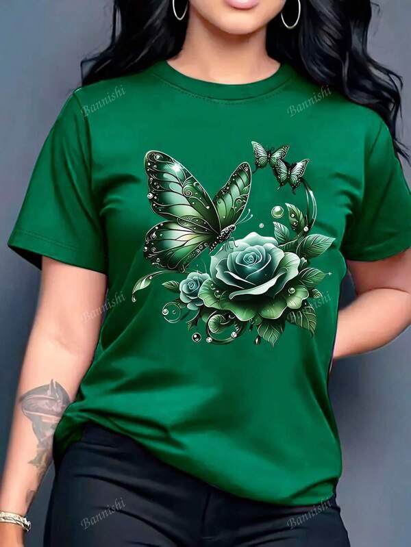 Women'S Casual Crew Neck T-Shirt With Purple Rose And Butterfly Graphic Print, Short Sleeve Regular Length Top For Spring And Summer