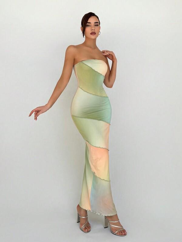 Elegant Romantic Smudged Gradient Printed Knitted Bodycon Dress For Women