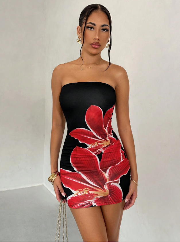 Summer Sexy Strapless Red Floral Printed Black Mini Dress