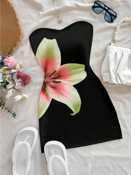 Women Floral Print Slim Fit Summer Tube Top Mini Dress