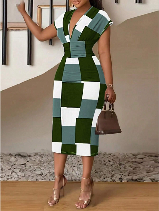 Women's Plaid Minimalist Daily Short Sleeve Dress Maxi Women Outfit