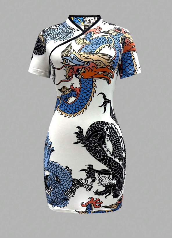 Chinese Dragon Print Random Cut Women Summer Stand Collar Short Sleeve Elegant Dress