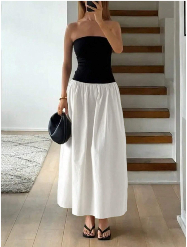 Women's Summer Color Block Strapless A-Line Mini Dress - Black