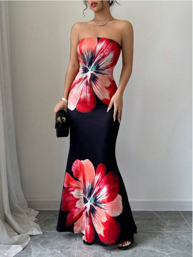 Elegant Floral Print Bodycon Dress, Summer Maxi Women Outfit