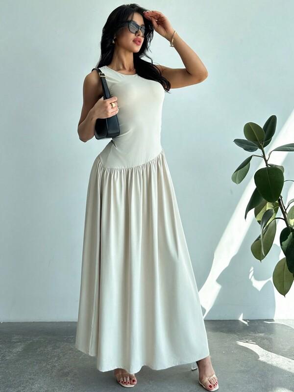 Women's Solid Round Neck Sleeveless Ruched Long Dress For Effortless Daily Style