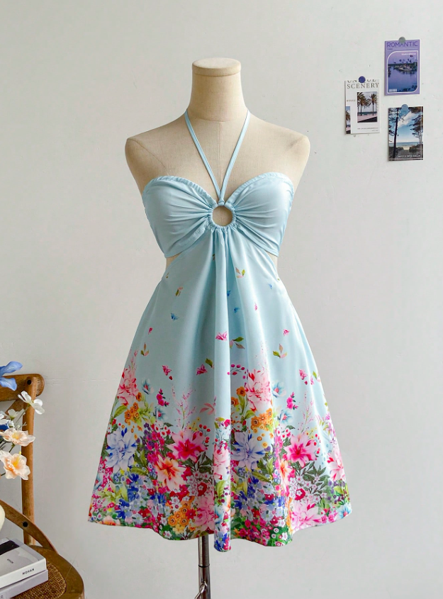 ROMANTIC FLORAL & BUTTERFLY PRINT HALTER CINCHED WAIST HOLLOW OUT CASUAL DRESS FOR WOMEN