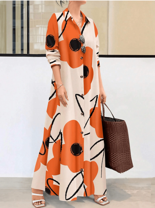 Spring And Summer Women's Lapel Floral Print Long Sleeve Maxi Shirt Dress