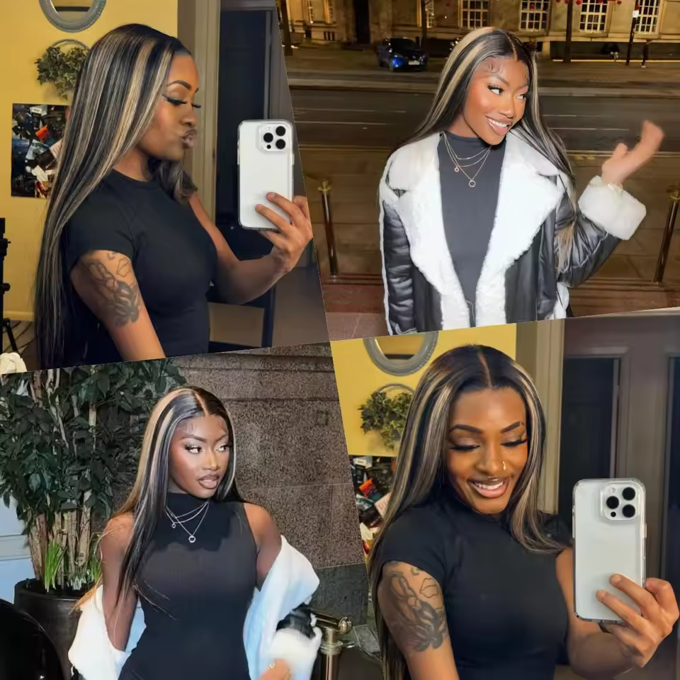 1B/27 Black and Blonde Highlights Bone Straight 13x4 HD Lace Front Human Hair Wigs 200% Brazilian Colored Lace Frontal Wig
