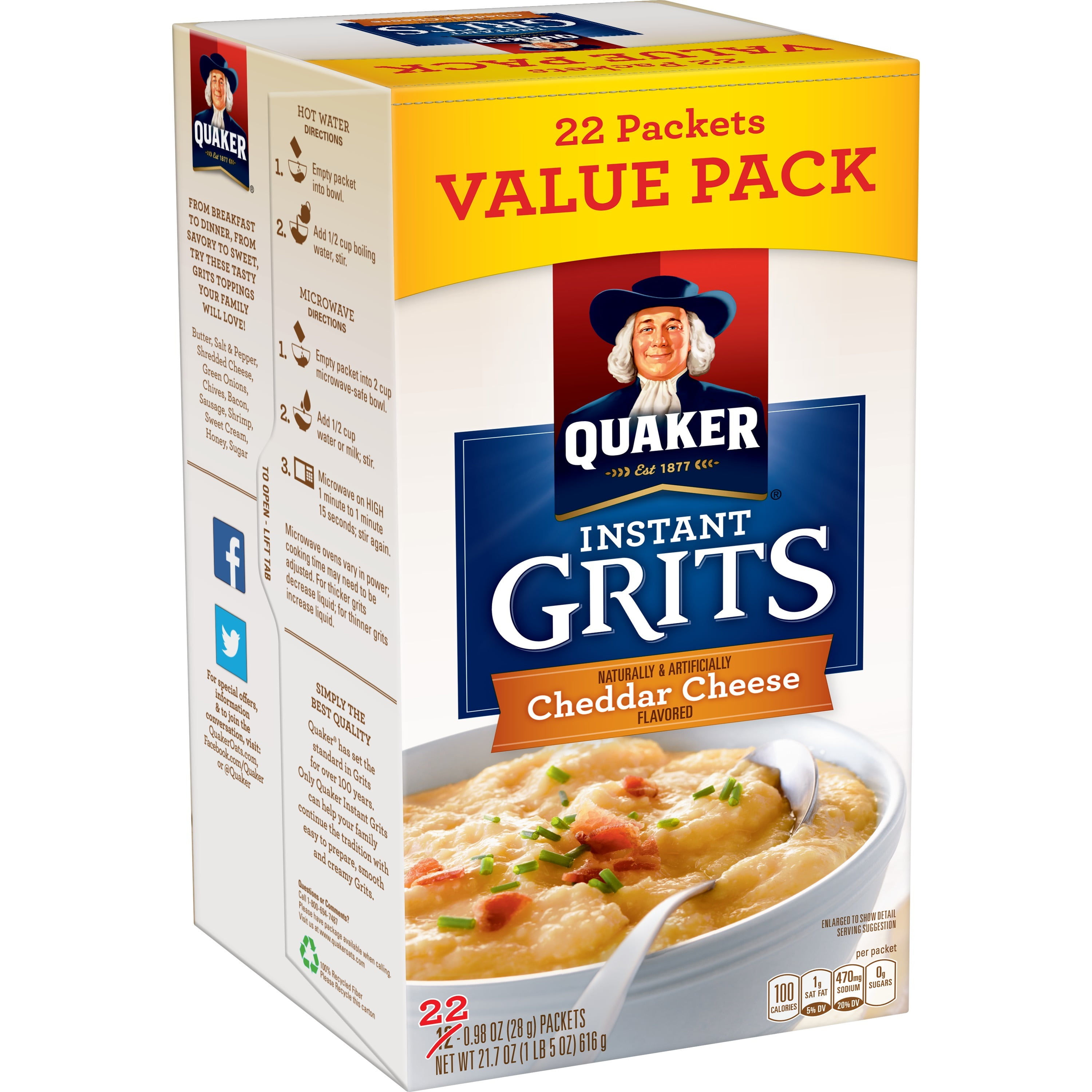 Quaker Instant Grits Cheddar Cheese Naturally Flavored, 0.98 oz 22 Count Box product-image
