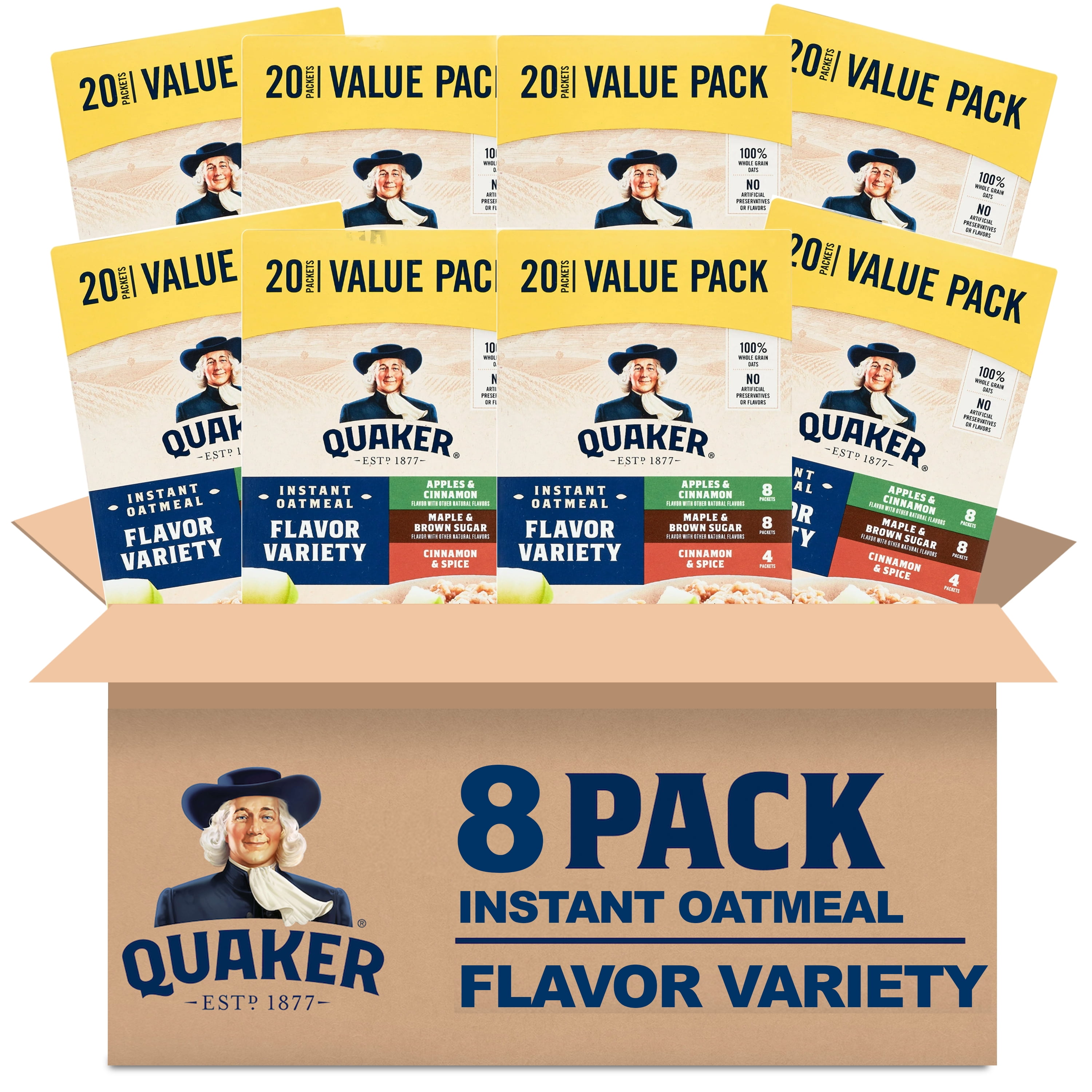 (8 pack) Quaker Instant Oatmeal, Flavor Variety Value Pack, 20 Packets (8 Apples & Cinnamon, 8 Maple & Brown Sugar, 4 Cinnamon Spice) product-image