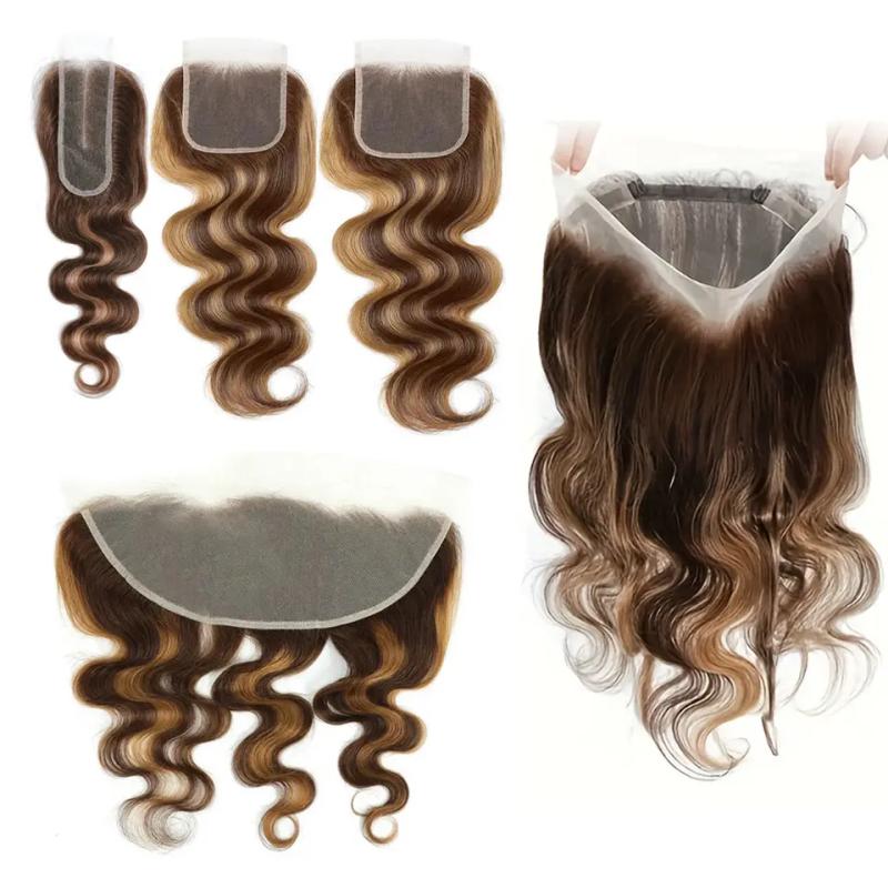 Body Wave Highlight 360 Lace Frontal Only Ombre Brown Honey Blonde 2x6 4x4 5x5 13x4 Lace Closure P4/27# Human Hair Extensions