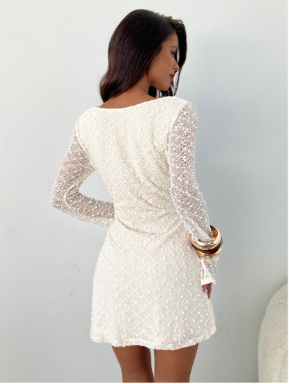 Women's Winter Elegant Square Neck Ruched Flare Sleeve Fitted A-Line Mini Dress