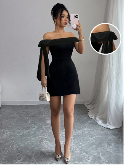 Women's Elegant Off-Shoulder Long Dress, Black