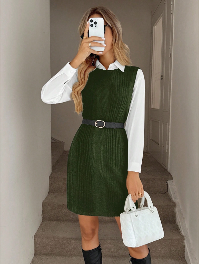 Autumn/Winter Casual Fuzzy Ribbed Knit Sleeveless Vest Dress For Women, Black