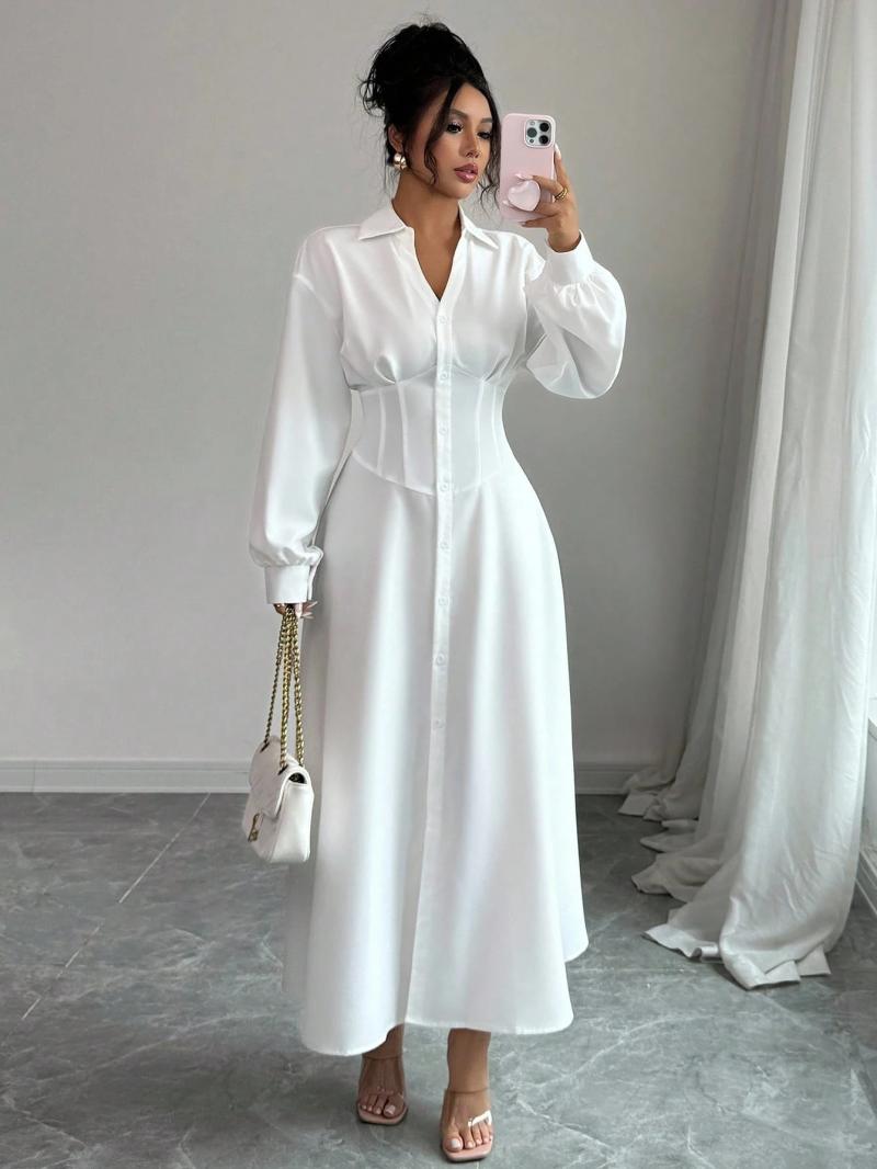 Women's White Waist-Defining Shirt Collar Long Dress Fall Cloth For Women