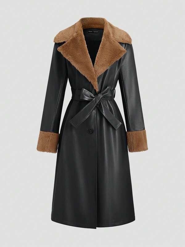 Women's Autumn/Winter Lapel NeckLong Faux Fur & PU Leather Patchwork Trench Coat