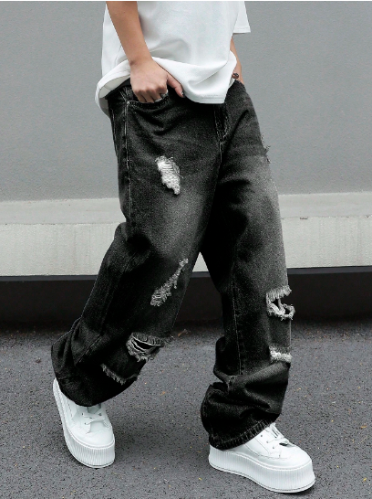 Men's Casual Distressed Loose Fit Slant Pocket Denim Jeans