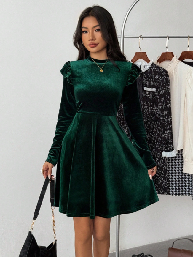 Teen Girl Solid Color Velvet Knit Ruffle Trim Long Sleeve Dress,Great For Casual & Daily Wear & School Daily In Autumn & Winter