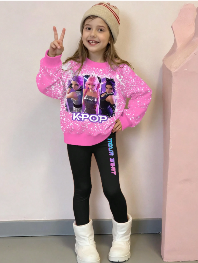 2pcs/Set KPOP Graphic Print Top, Tween Girl Crew Neck Sweatshirt And Leggings Set, Fashionable Casual, Suitable For Autumn/Winter